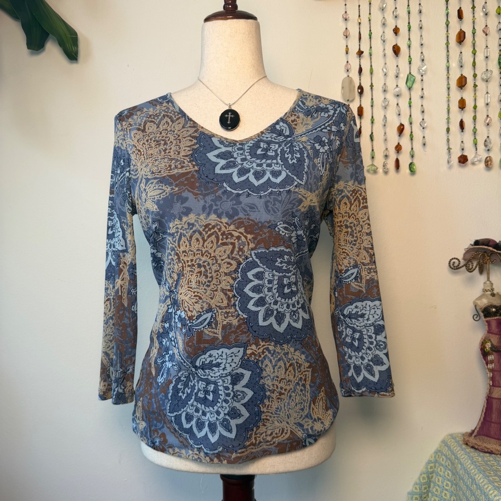 Croft & Barrow Blue Brown Mandala Mesh 3/4 Sleeve Top Boho Whimsigoth y2k 90s S